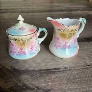 Vintage Nippon Hand Painted Floral Pastel Creamer Sugar Set Japan Fairy Coquette